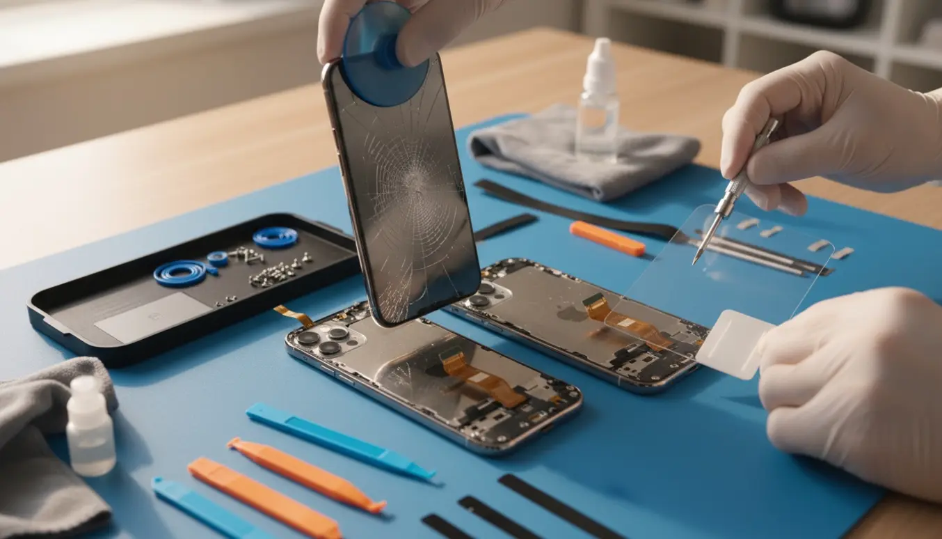 Nærbillede af udskiftning af iPhone 13-skærm på et ryddeligt bord, hænder justerer nyt glas og beskytterfilm.