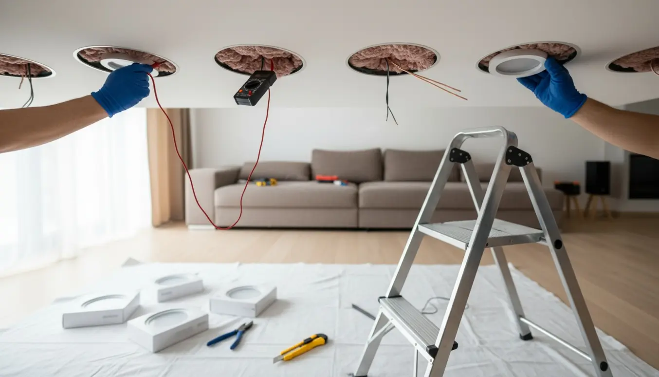 Udskiftning af loftspots med fjernelse af rockwool og inspektion af ledninger.