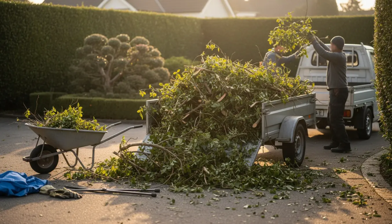 Hækklippede grene læsses i en næsten fyldt åben trailer på en boligindkørsel.