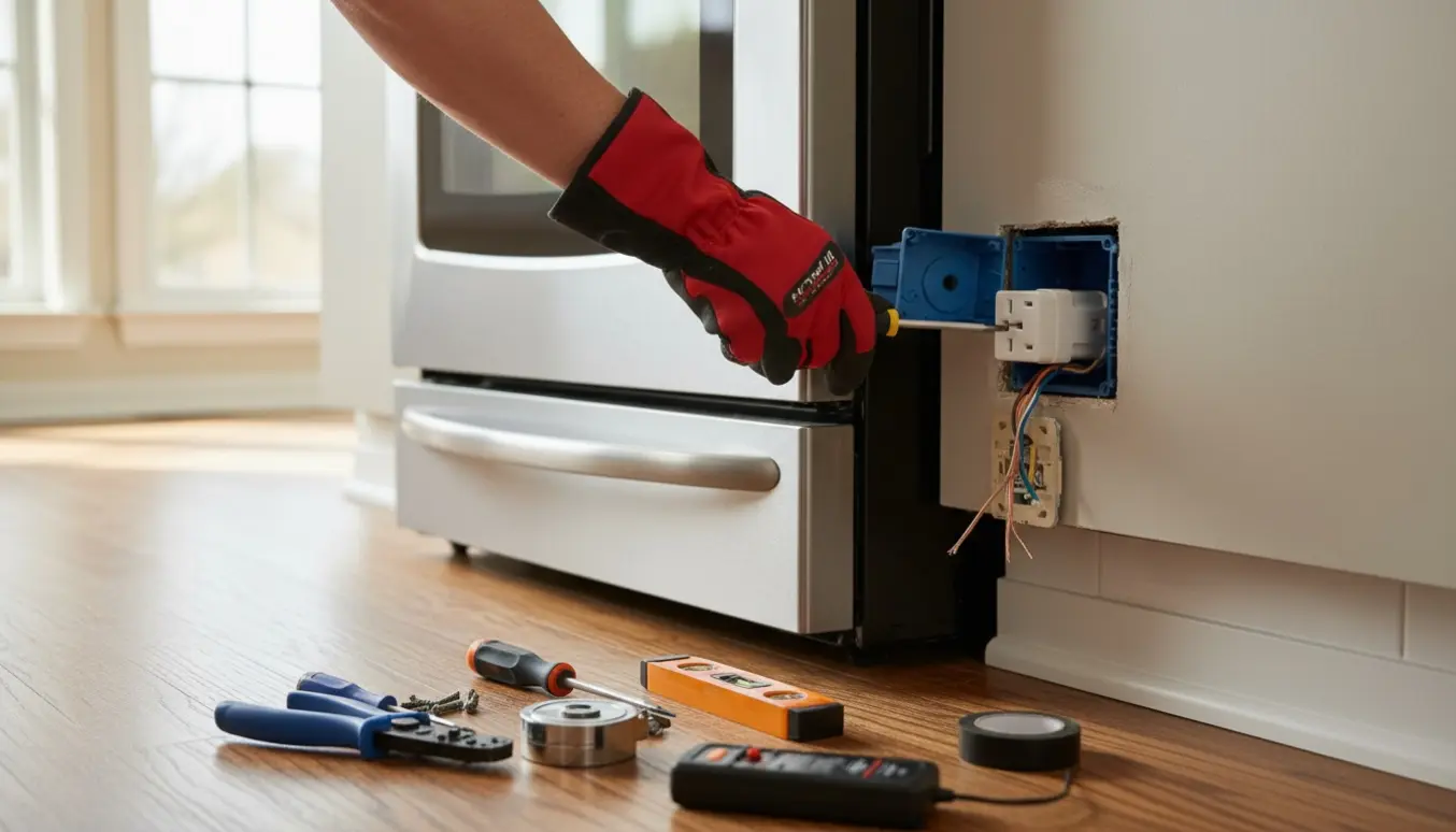 Hænder med isolerede handsker monterer en indfældet elkontakt bag en ovn i et køkken.