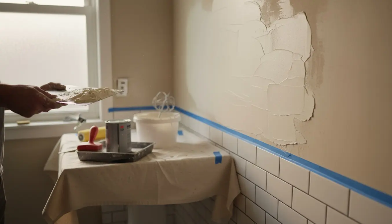 Hænder spartler en væg i et lille badeværelse med afdækning og værktøj.