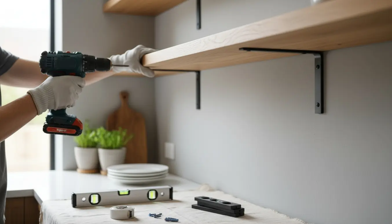 Hænder monterer træhylder i et lyst køkken med værktøj på bordet.