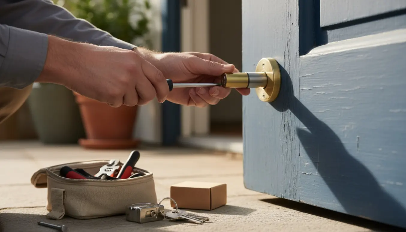 Nærbillede af hænder, der udskifter en dørlås på hoveddøren med værktøj og en ny låsecylinder.