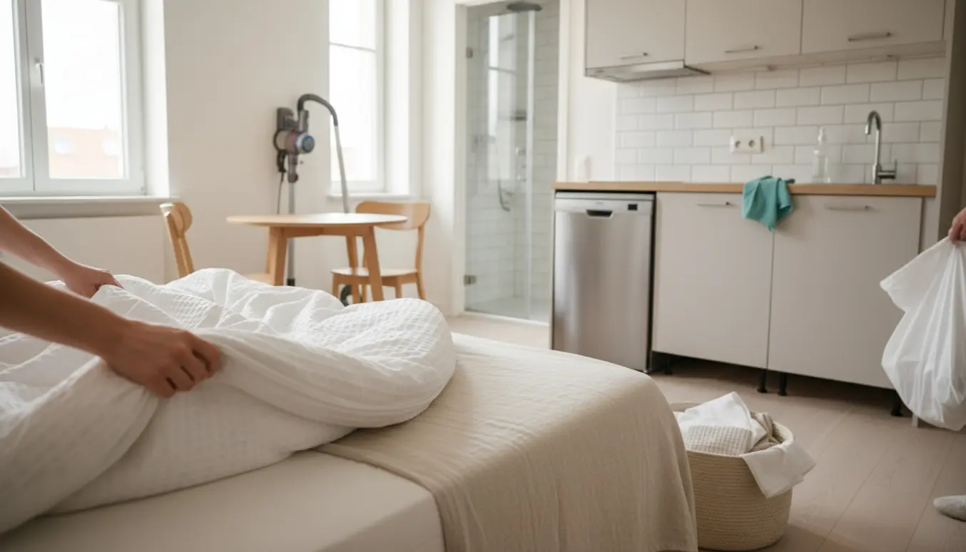 Soloplyst toværelses lejlighed hvor hænder skifter sengetøj, tager skrald ud og tørrer overflader af.