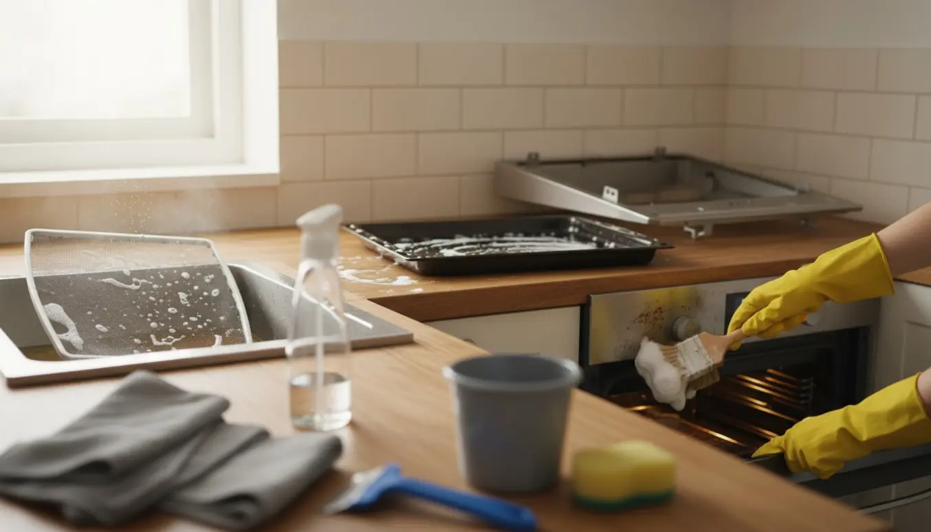 Hænder i gummihandsker dybderengør en ovn og emhætte i et lyst køkken.