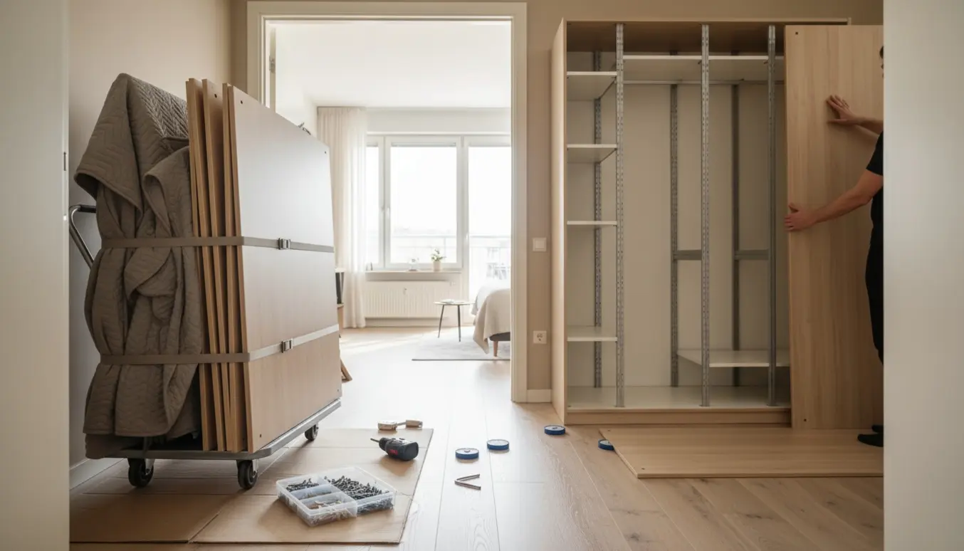 Delvist adskilt IKEA PAX-garderobe med paneler og værktøj, klar til at blive flyttet fra stue til soveværelse.