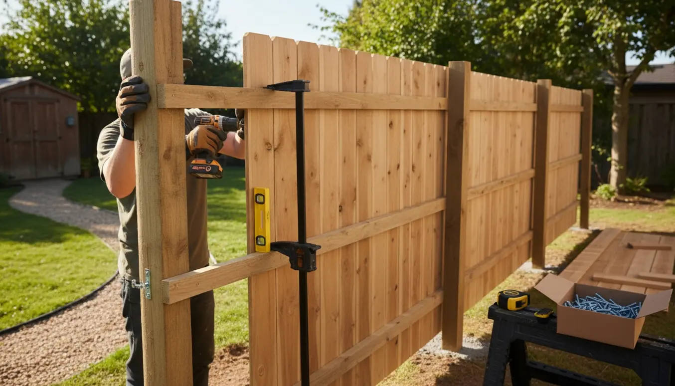 Fire stakitfag monteres mellem stolper i jorden i en solbeskinnet have, med boremaskine og vaterpas i brug.