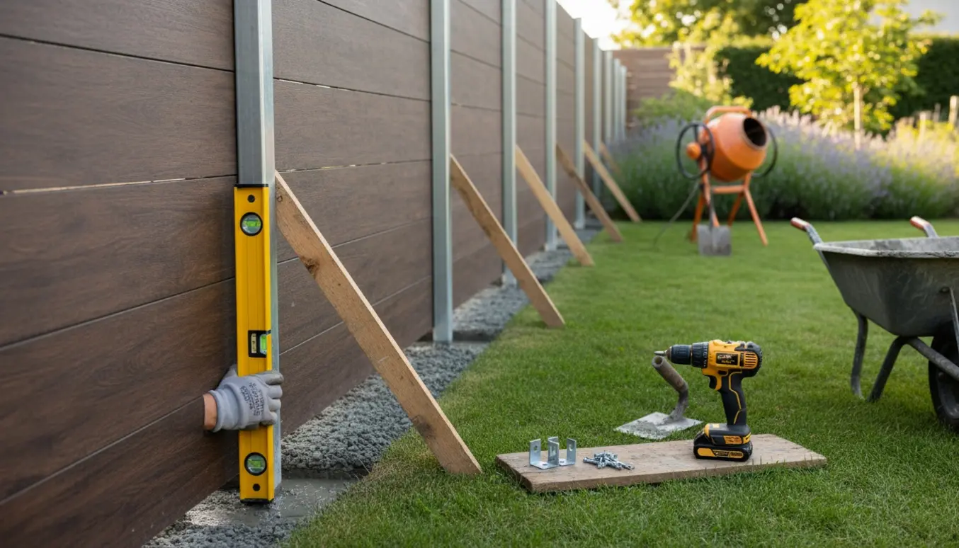 Montage af komposithegn med aluminiumspæle støbt i beton og værktøj i en have.