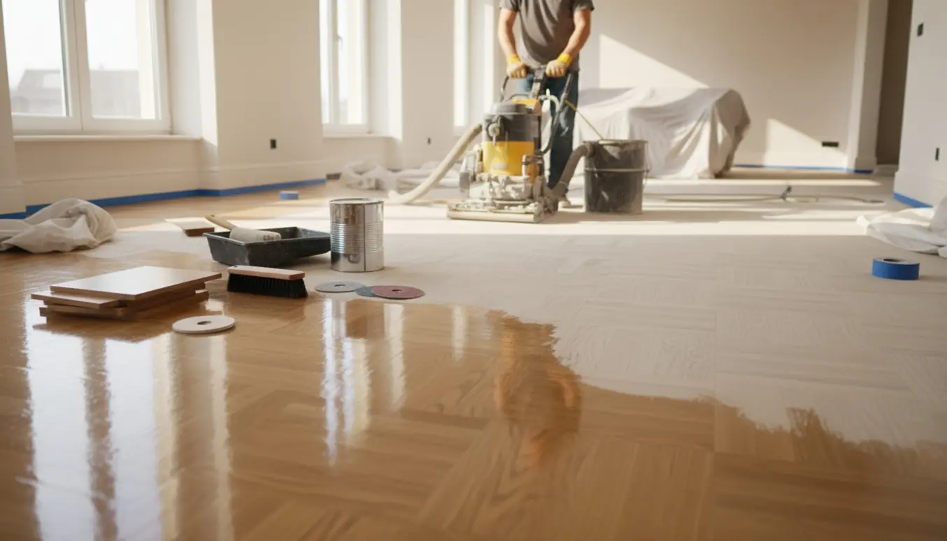 Slebent og nylakeret egetræsparketgulv i et solrigt rum med gulvsliber og lakudstyr.