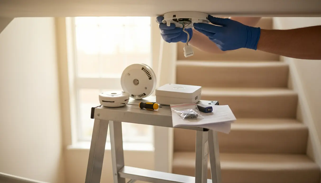 En håndværker på en stige fjerner dækslet fra en loftmonteret røgalarm med blottede ledninger og værktøj på stigens trin.