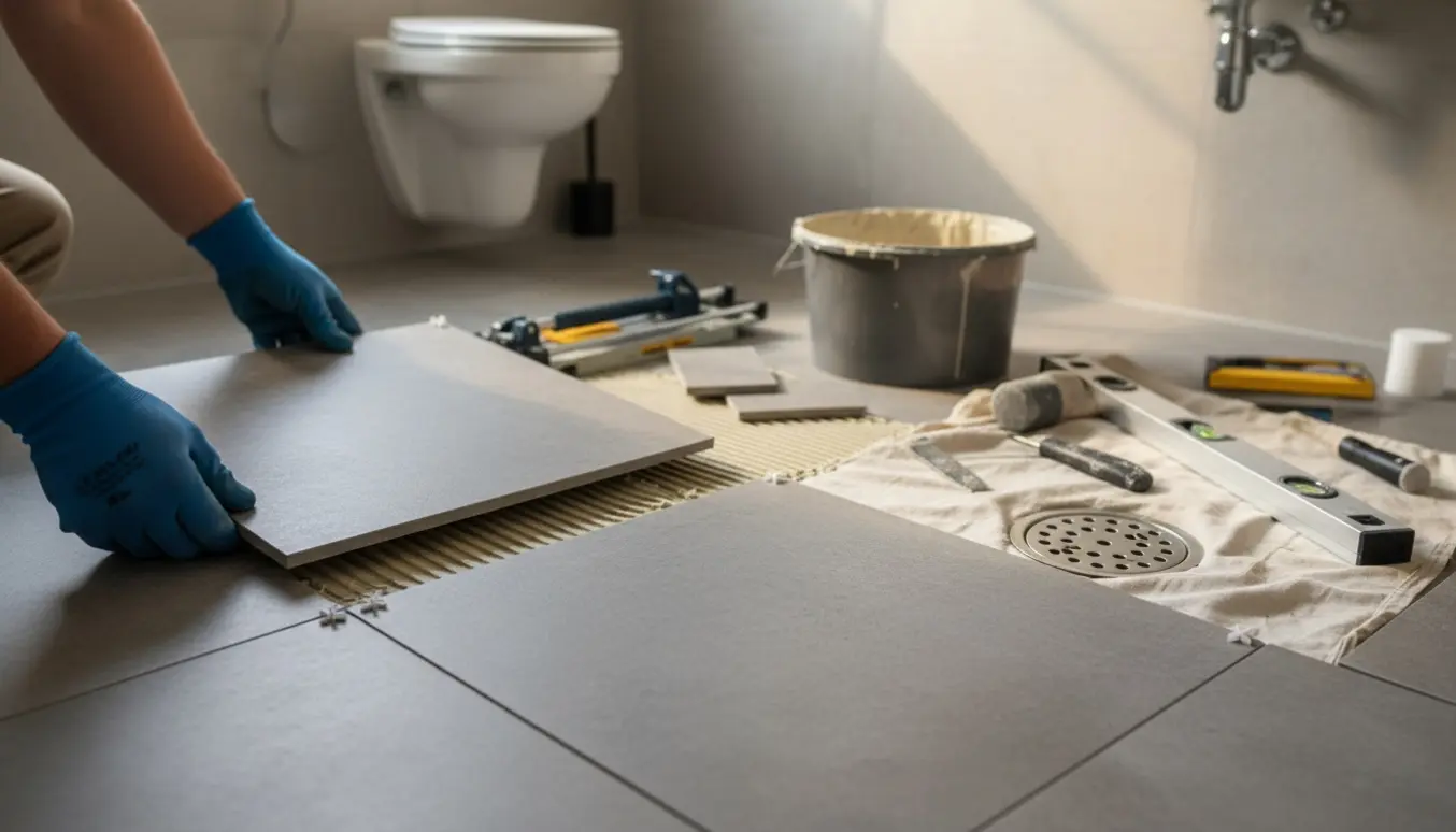 Nærbillede af hænder, der lægger store fliser oven på et gæstetoiletgulv med værktøj og afmonteret rist ved siden af.