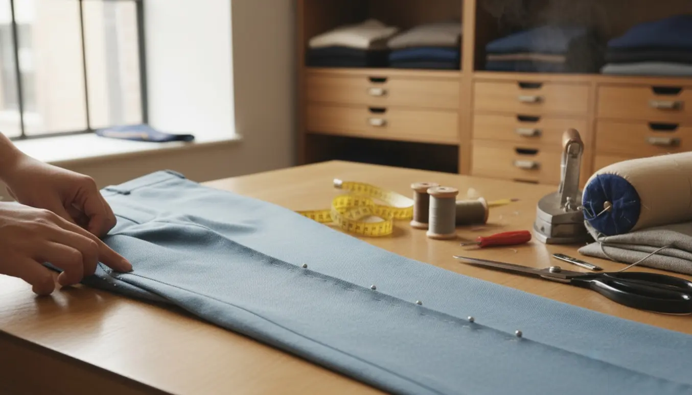 Skrædderens hænder tilpasser et par jakkesætsbukser med knappenåle, kridtmarkeringer og målebånd på et arbejdsbord.
