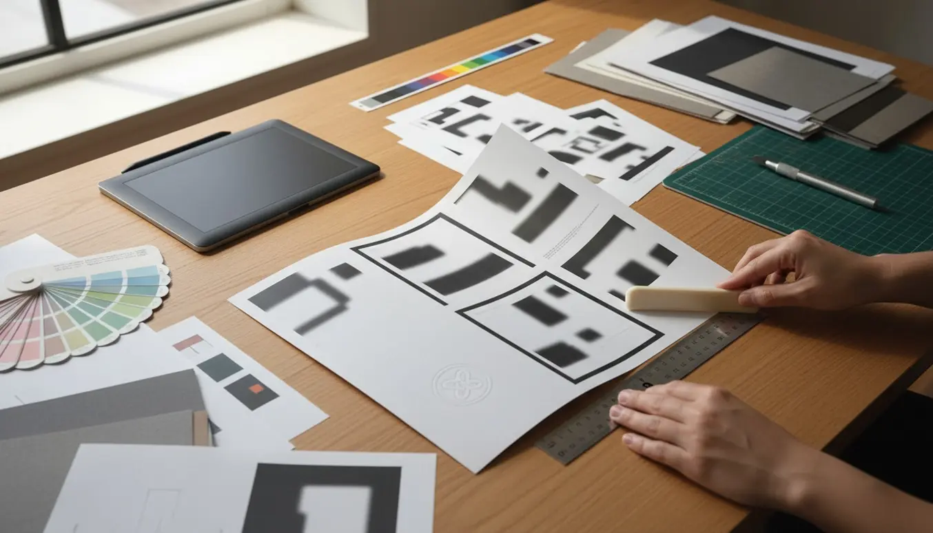 Hænder arrangerer en trykt folder og farveprøver på et lyst designerbord.