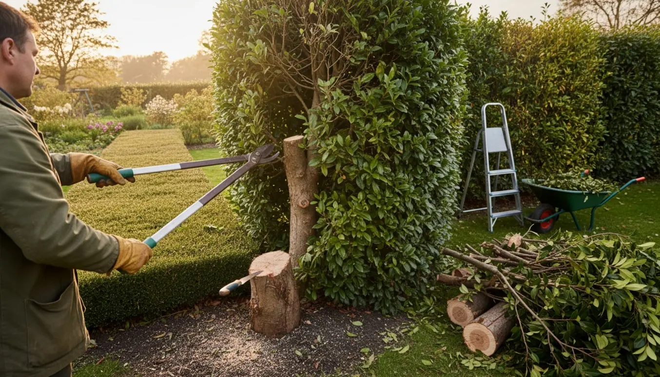 Nærbillede af beskæring af store grene fra en tæt hæk med sav, grensaks og en bunke afklippede grene.