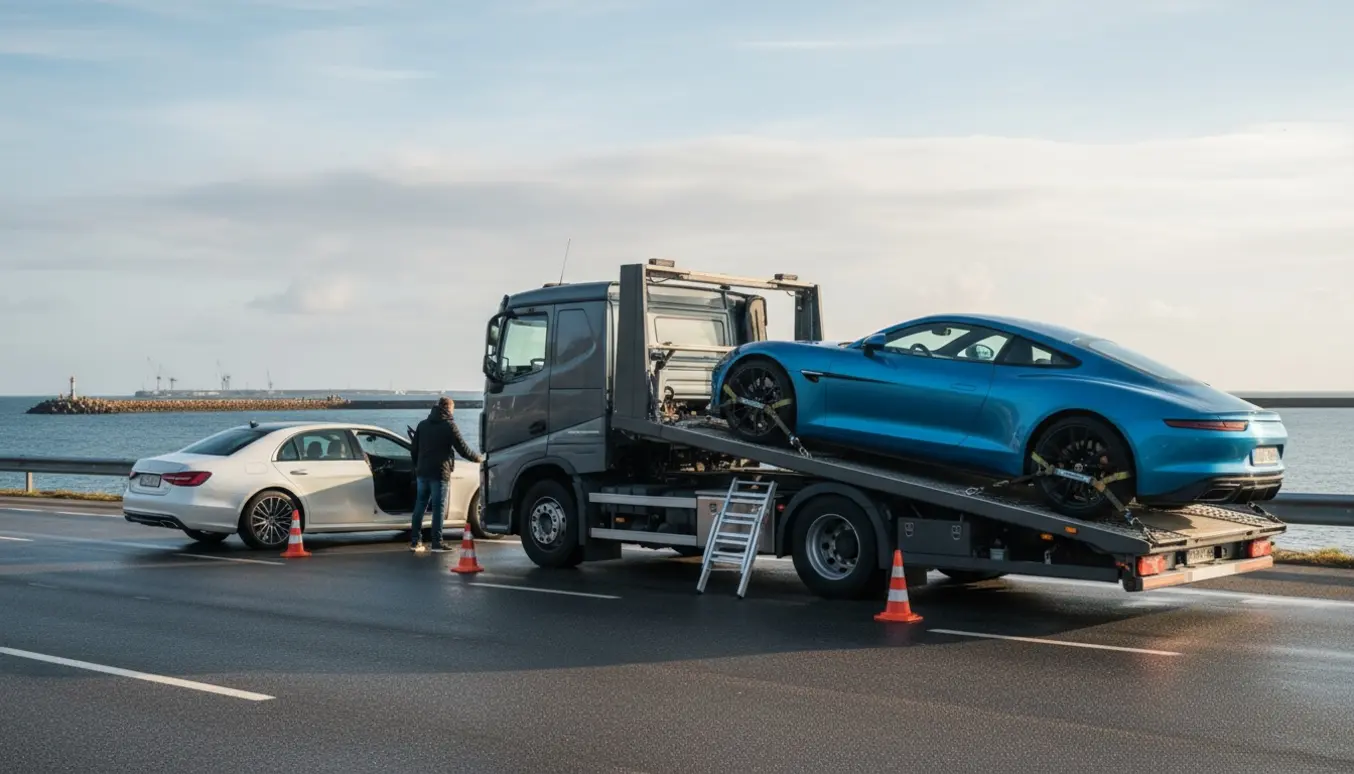 Autotransporter med en bil på ladet og en anden klar til at køre ved en kystnær vej, førerens ansigt ikke synligt.