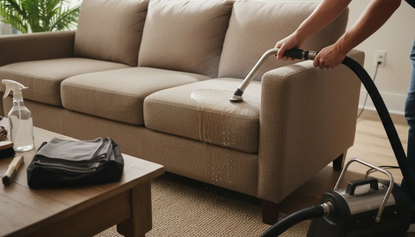 Sofa renses med en bærbar ekstraktionsmaskine i en lys stue, med tydelig før-og-efter-effekt.