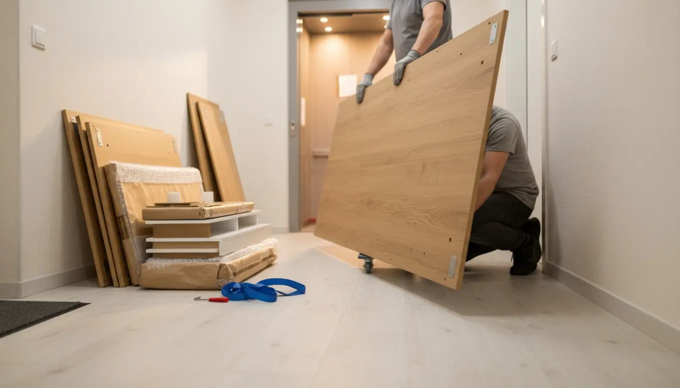 To personer bærer en adskilt IKEA-garderobe gennem en lys opgang mod en åben elevator.