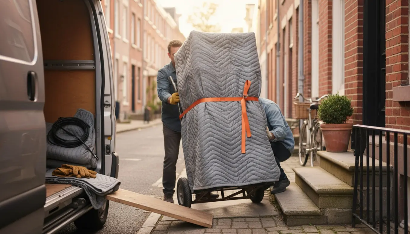 Et køleskab pakkes ud af en flyttebil og bæres op ad tre trapper til en stueetage.