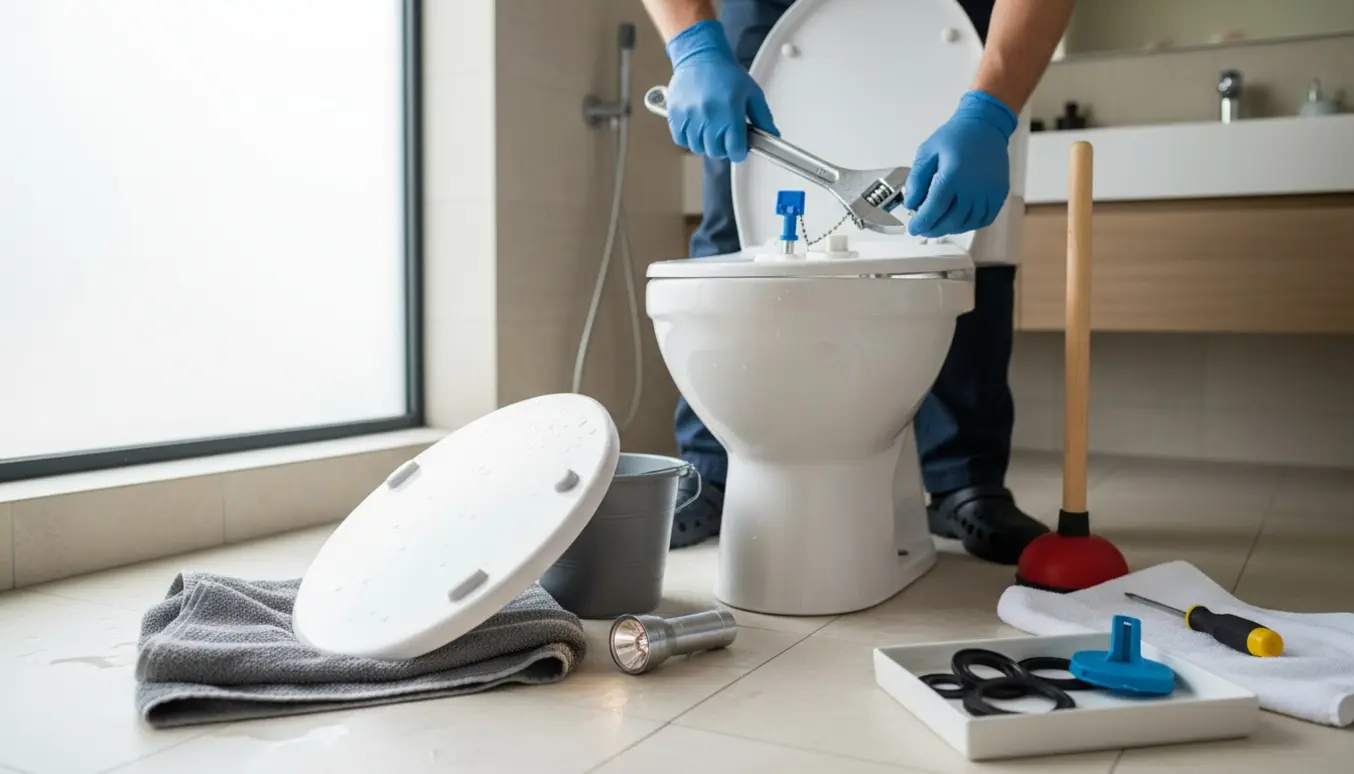 En blikkenslager reparerer et toilet med åben cisterne og værktøj ved siden af.