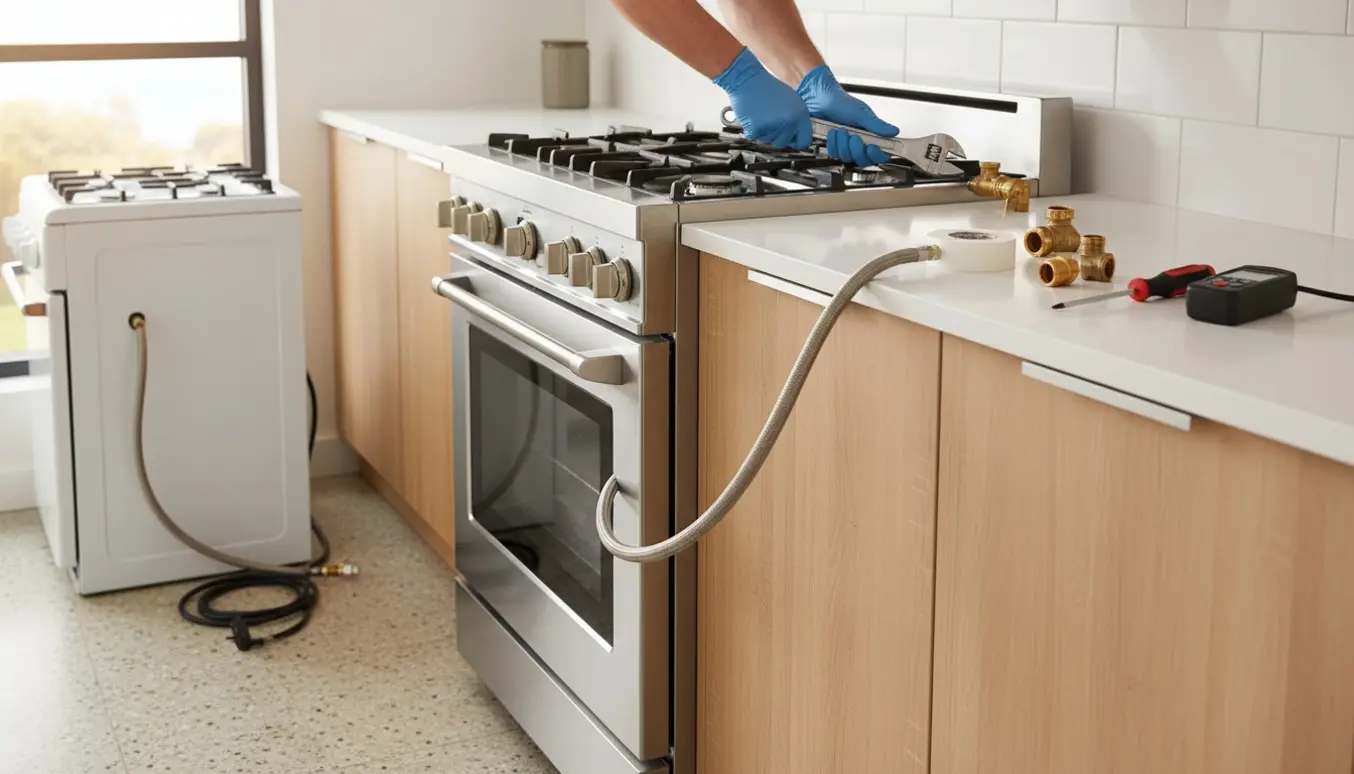 Hænder med handsker strammer en fleksibel gasledning til et nyt gaskomfur i et lyst køkken.