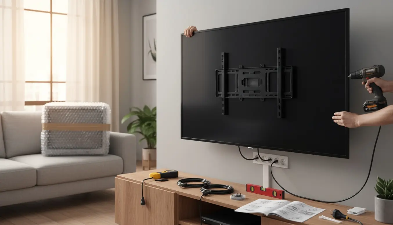 Montering og indstilling af nyt fladskærms-tv på væg i lys stue med værktøj og organiserede kabler.