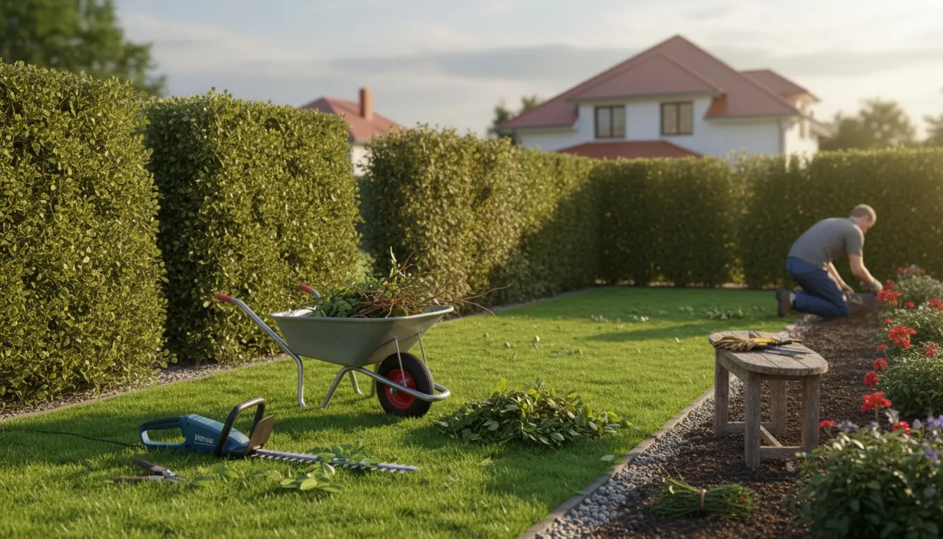 En U-formet havehæk klippes, ukrudt fjernes i bedene, med haveredskaber og en trillebør med afklip i forgrunden.
