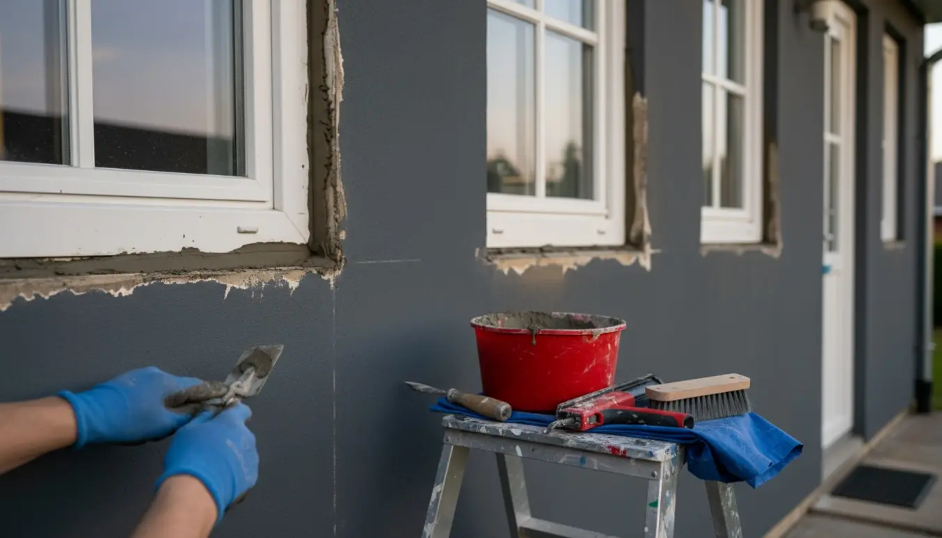 Hænder arbejder med udvendig fuge omkring hvide vinduer og døre på et mørkt stuetplanshus.