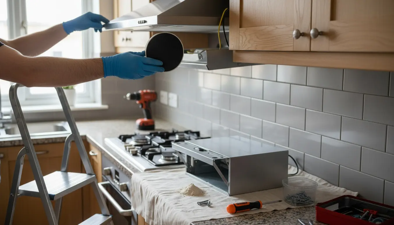 Elektriker monterer en ny emhætte i køkkenet med værktøj og en afmonteret gammel emhætte ved siden af.