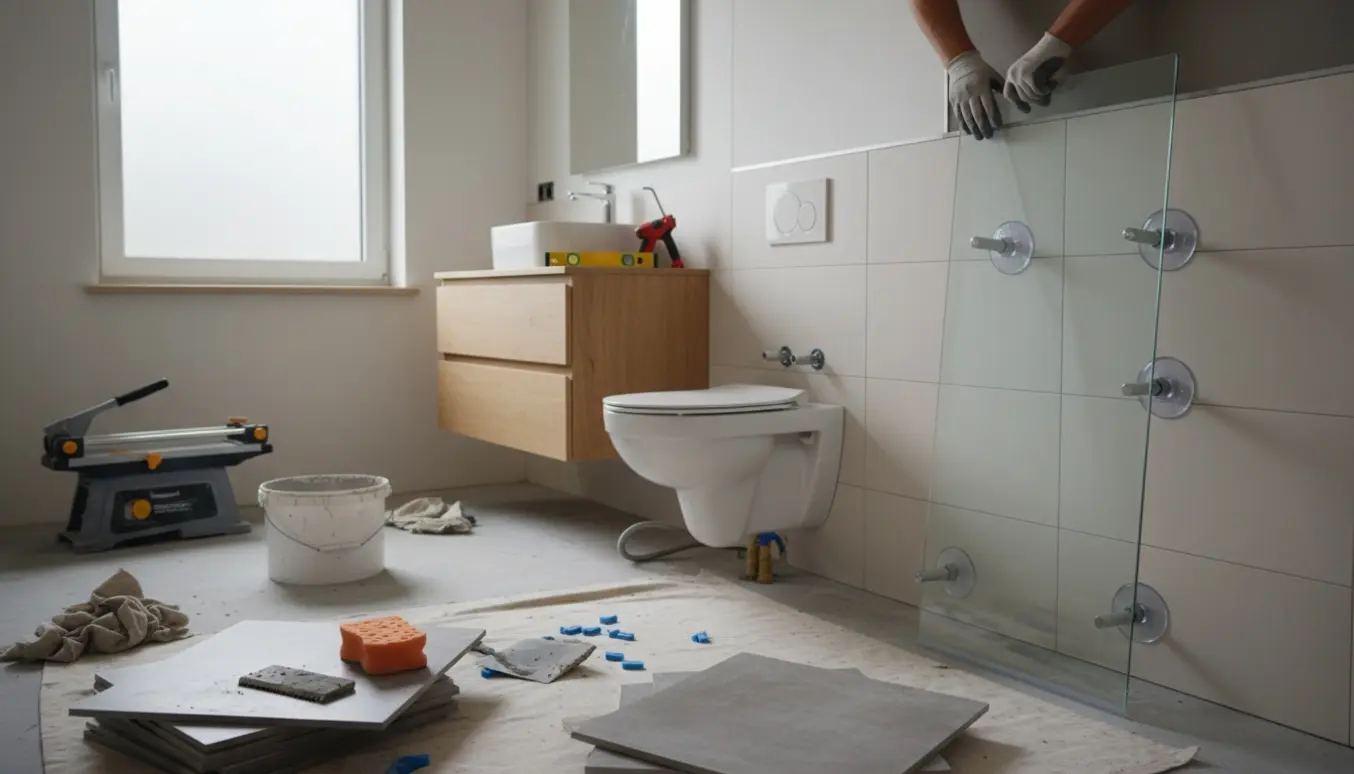 Badeværelsesrenovering med fliser, toilet, vaskemøbel, spejl og glas brusevæg under montage.