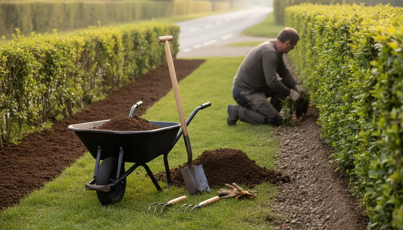 Hækkekant med fjernet ukrudt og frisk påfyldt jord ved en vej, trillebør, spade og havehandsker i forgrunden.