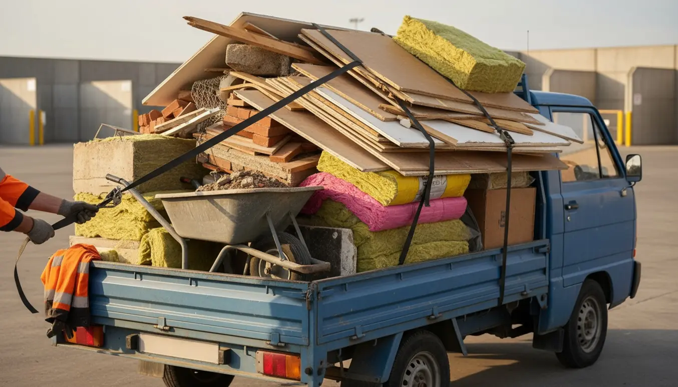 Pickup og trailer lastet med byggeaffald ved en genbrugsstation, klar til aflevering.