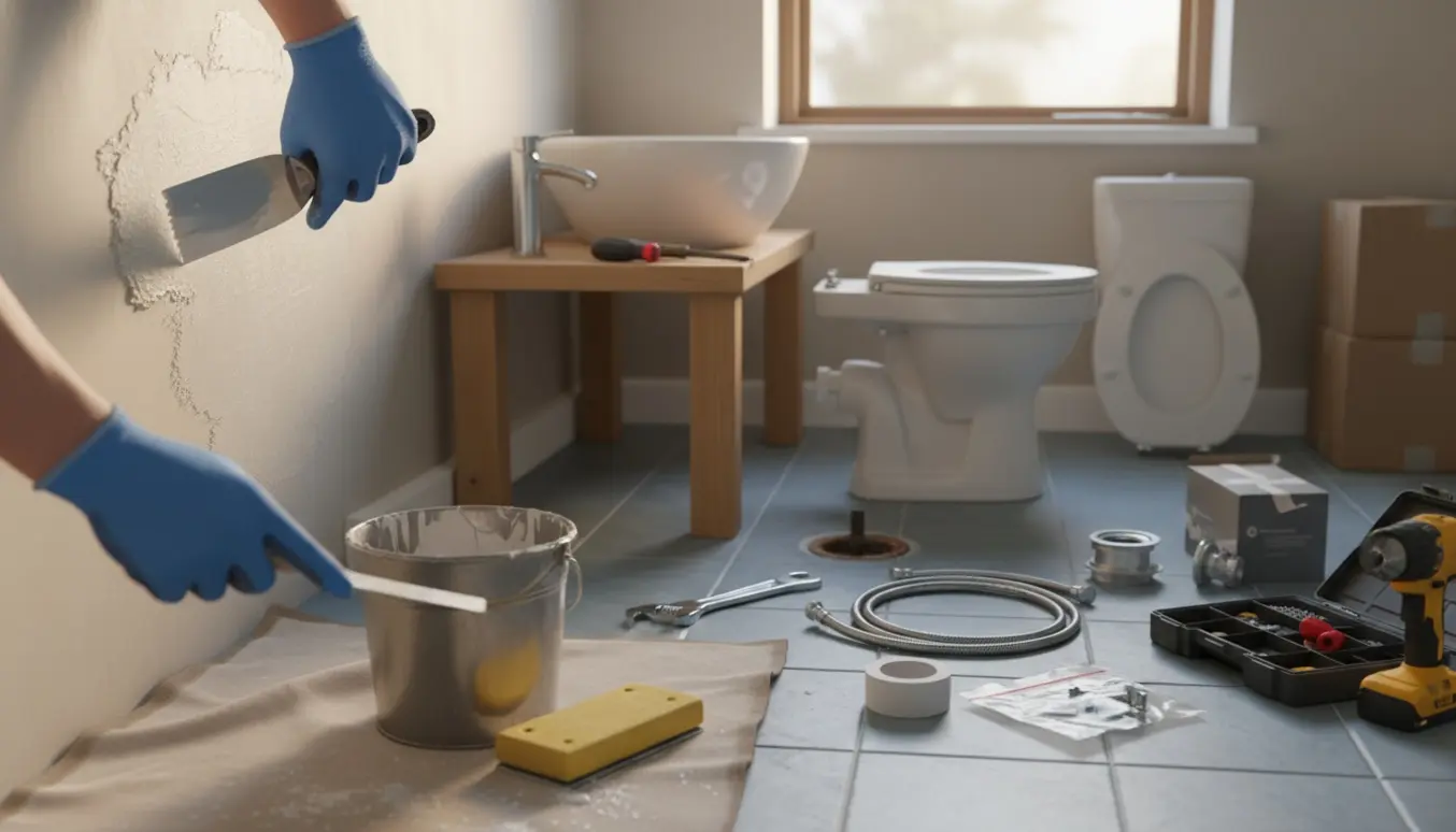 Hænder spartler en væg i et badeværelse under renovering med nyt toilet og håndvask klar til montering.