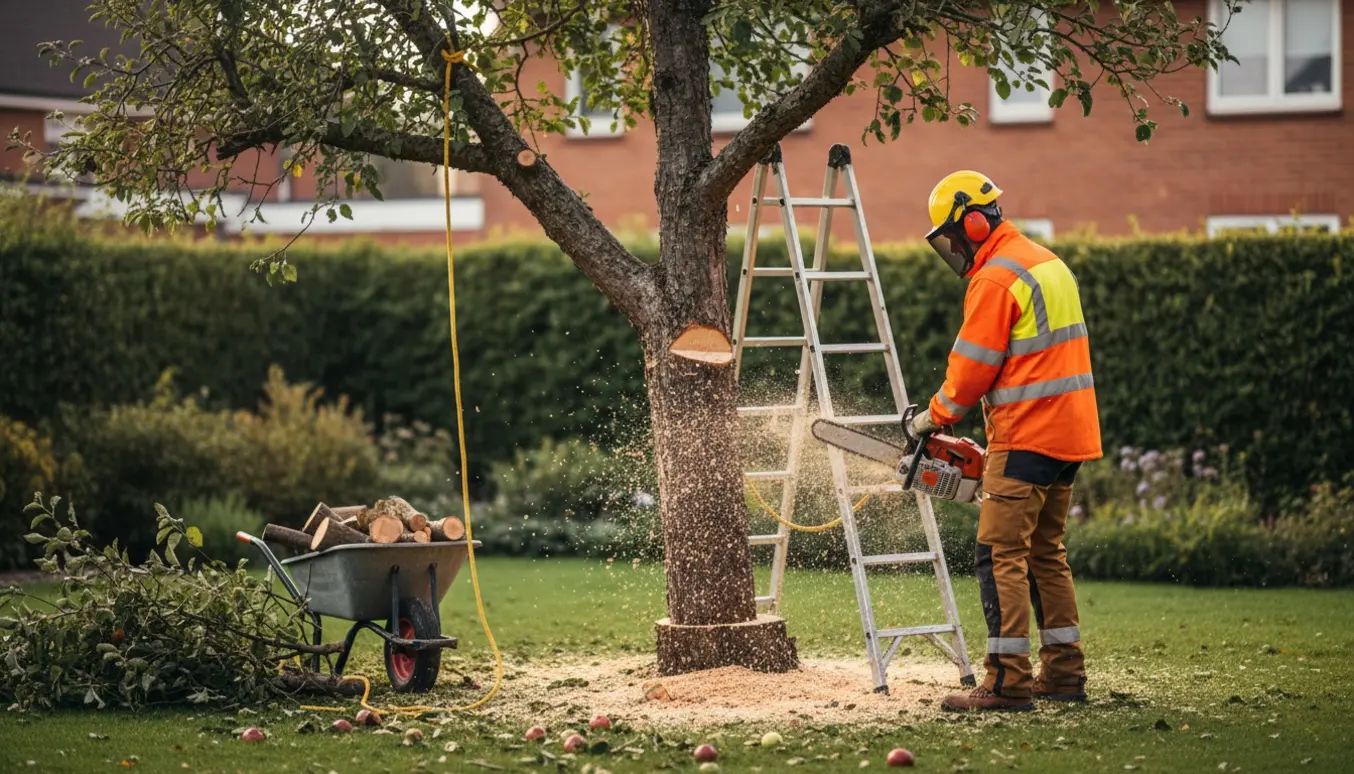 En person fælder et cirka 5 meter højt æbletræ i en baghave med motorsav og sikkerhedsudstyr.