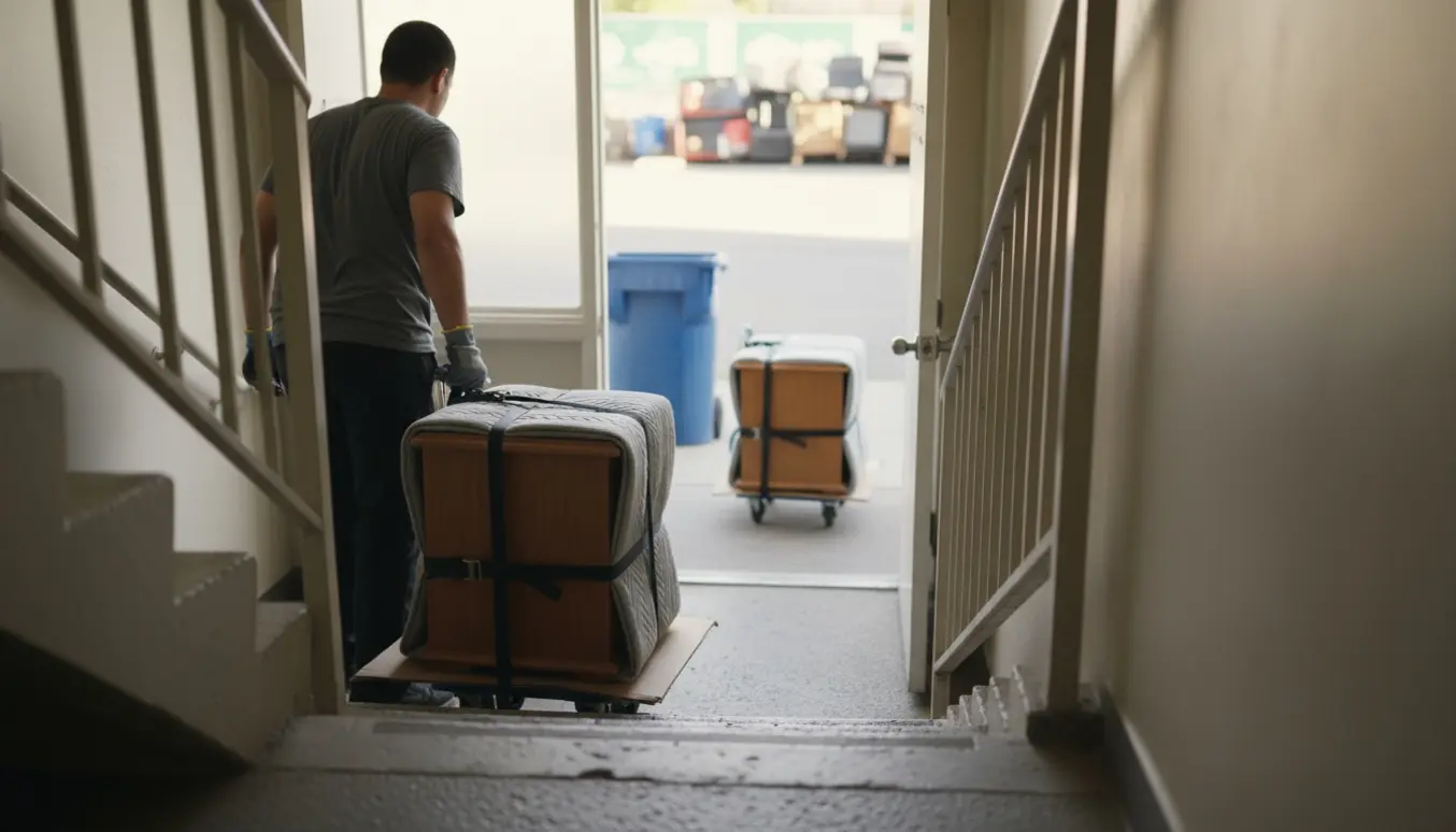 Et lille træskab bæres ned ad en opgang mod fortovet, indpakket i en flyttedyne og klar til aflevering på genbrugspladsen.