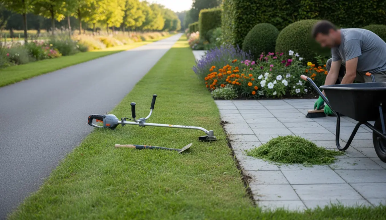 Nyrenset græsrabat langs cykelsti med skarpe kanter mod terrasse og hæk, redskaber i forgrunden.