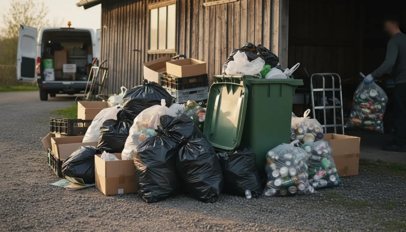 Overfyldt bunke skraldeposer, en plastikcontainer og poser med pant foran en lade, klar til afhentning.