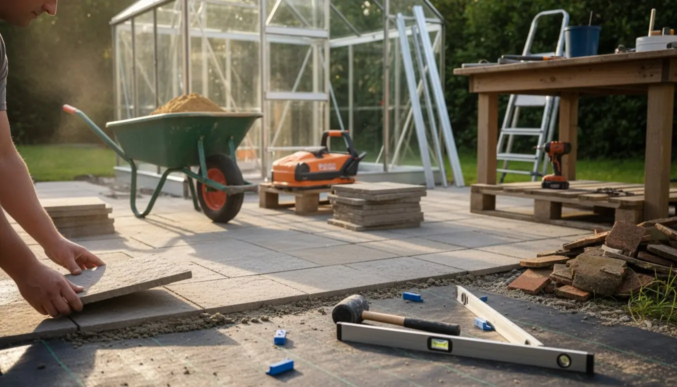 Nærbillede af fliselægning på en lille terrasse med ukrudtsdug og delvist opsat drivhus i baggrunden.