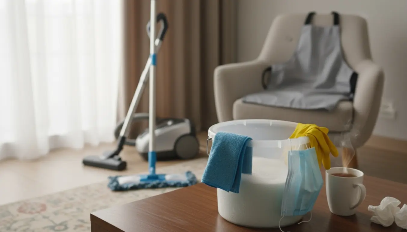 Rengøringsudstyr står uafsluttet med mundbind, brugte lommetørklæder og en dampende kop te, som antyder aflysning på grund af sygdom.