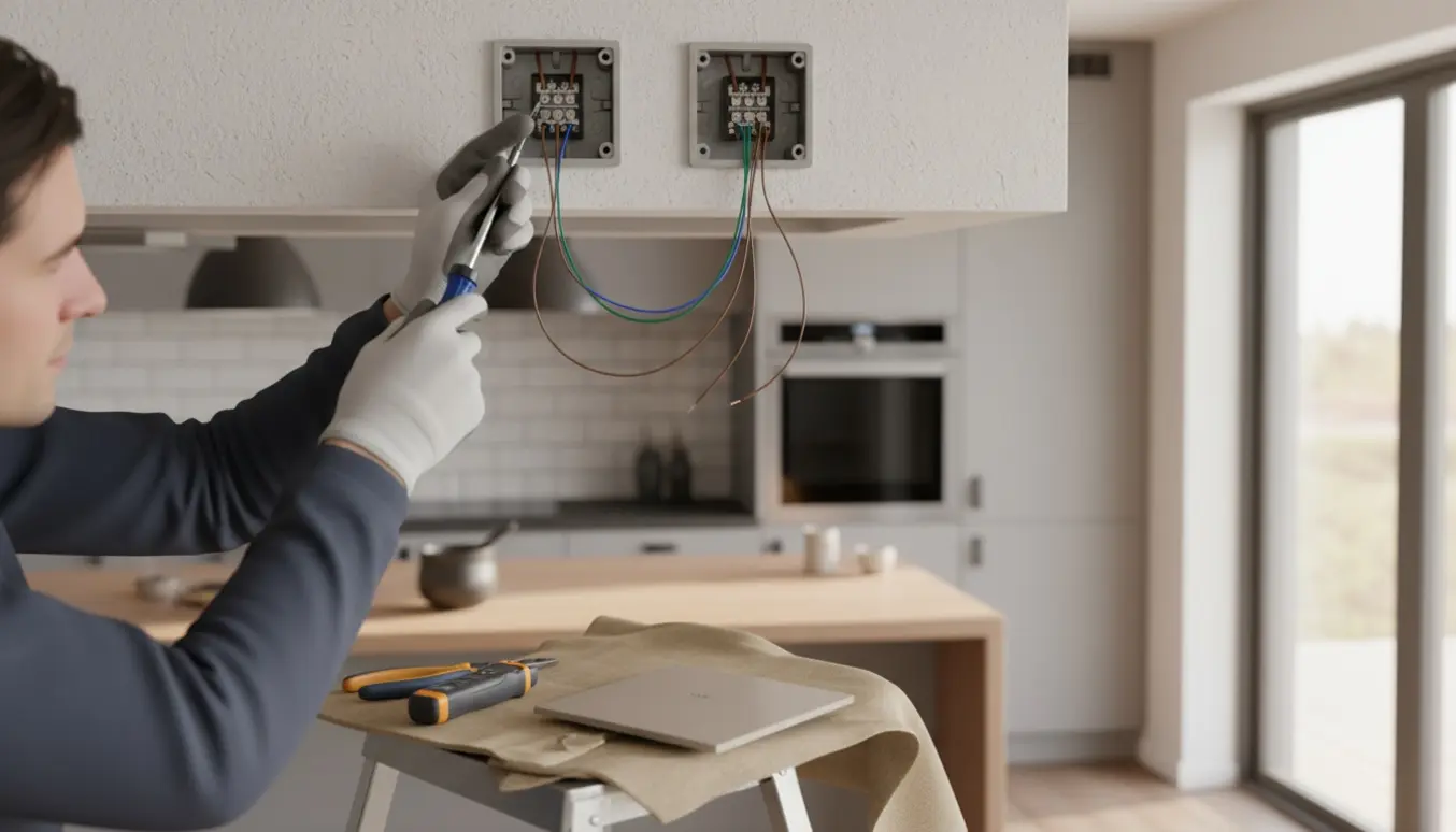 En autoriseret elektriker fjerner en af to indbyggede stikdåser i et køkken, med handsker og værktøj tæt på.