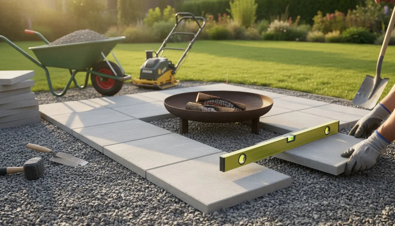 Hænder placerer 40x40 cm fliser omkring et bålsted på et kompakt grusunderlag i en baghave.