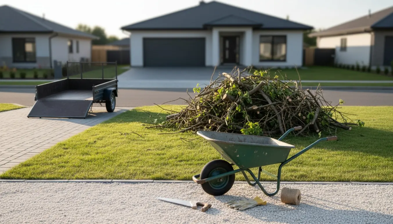 Stor bunke af afskårne grene i forhaven med trailer og værktøj klar til afhentning.