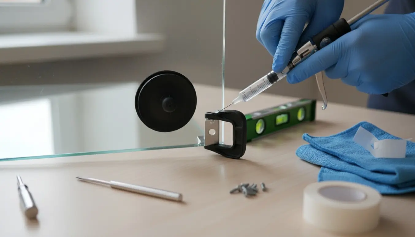 Nærbillede af limning og montering af beslag på en glaslåge med klemme og sugekop.