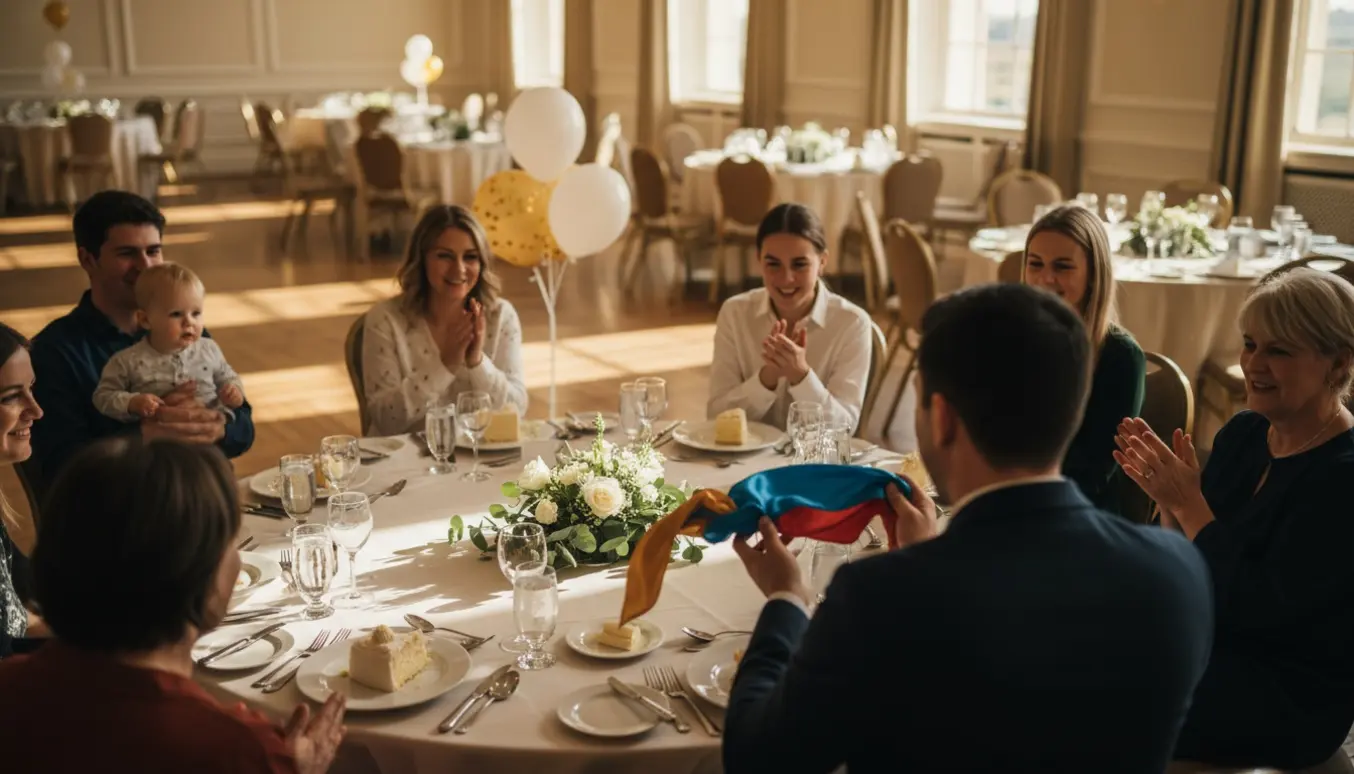 Stemningsbillede af bordmagi ved en konfirmationsfest i et elegant hotelselskab med gæster i forskellige aldre.
