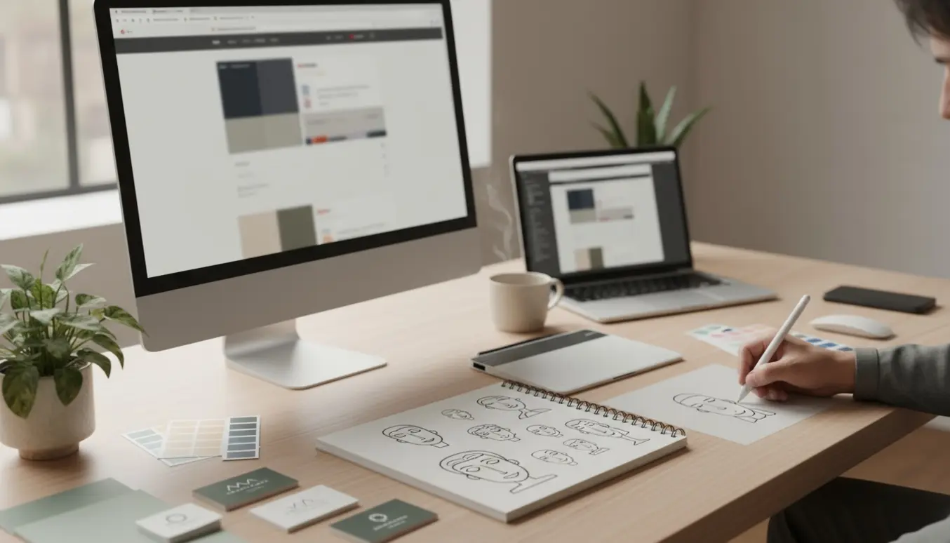 Lyst designerarbejdsbord med skitser, grafiktablet og en hånd, der tegner et enkelt karikatur‑logo.