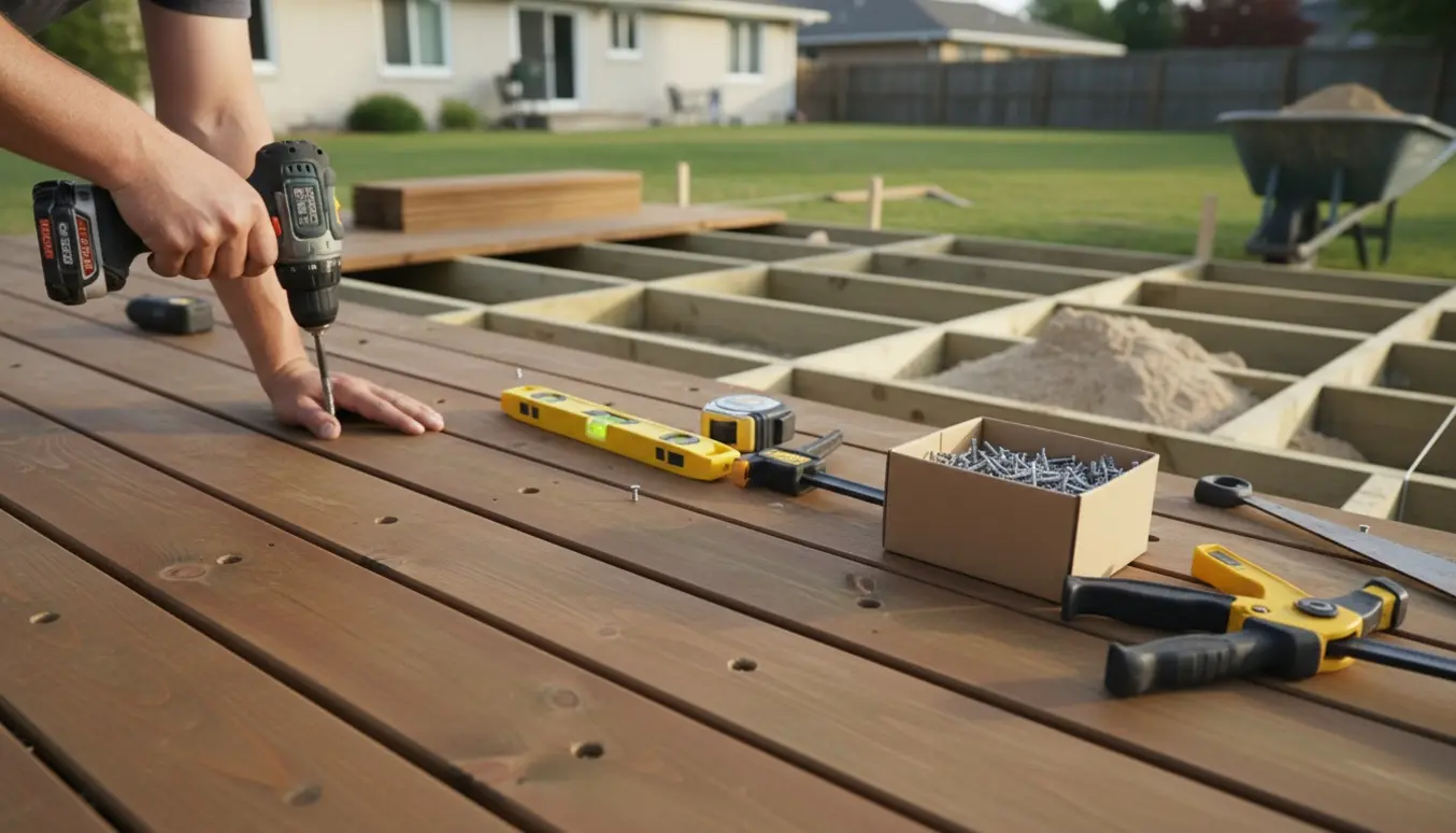 Delvist færdig træterrasse med brune trykimprægnerede brædder, værktøj og sandunderlag klar til montering.