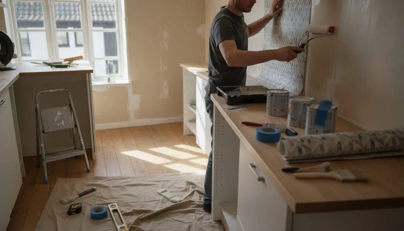 Et lille køkken i Vanløse under tapetsering og maling med hænder, tapetrulle og åbne malerbøtter.