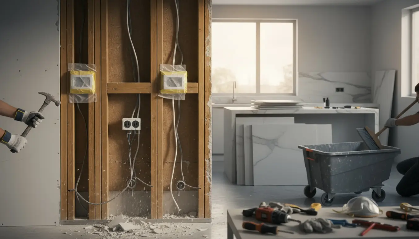 Indvendig nedrivning af en køkkenvæg med blottede stolper, beskyttede el-udtag og rydningsarbejde.