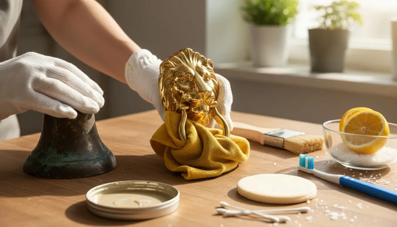 Hænder pudser en gammel skibsklokke og en dørhammer af messing på et solbeskinnet arbejdsbord.
