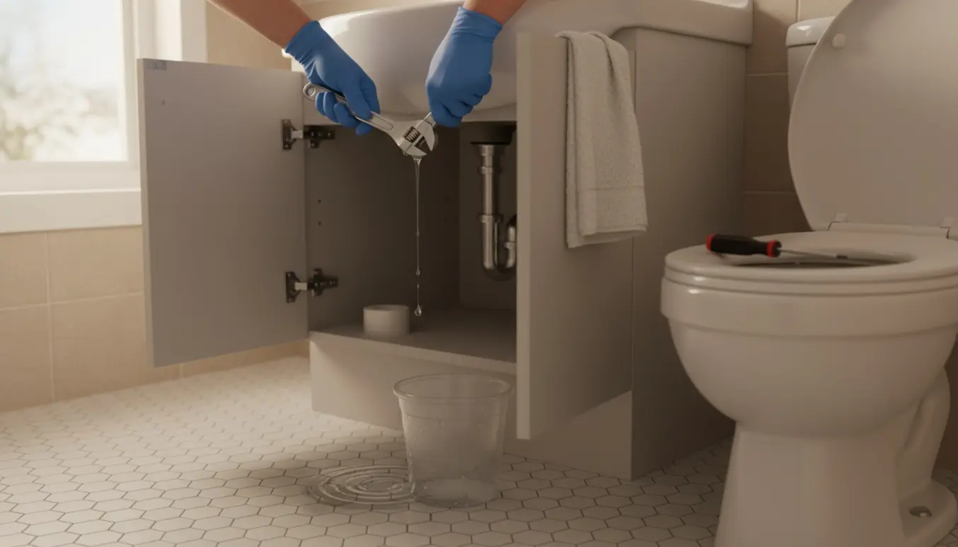 Hænder ved en dryppende rørsamling under håndvasken og et let skævt toiletbræt med værktøj klar til at blive strammet.