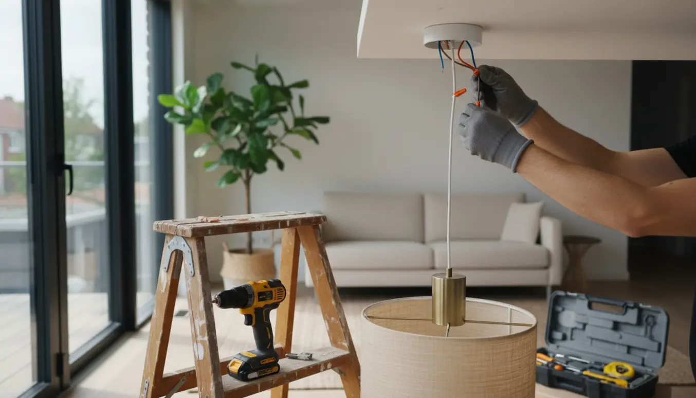 Hænder monterer en loftslampe på en stige i en lys stue med værktøj.